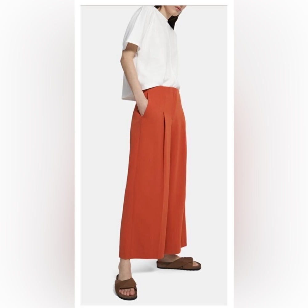 Theory High Waist Wide-Leg Pleated Pants Admiral Stripe Poppy Orange - Size 8 - Picture 8 of 9